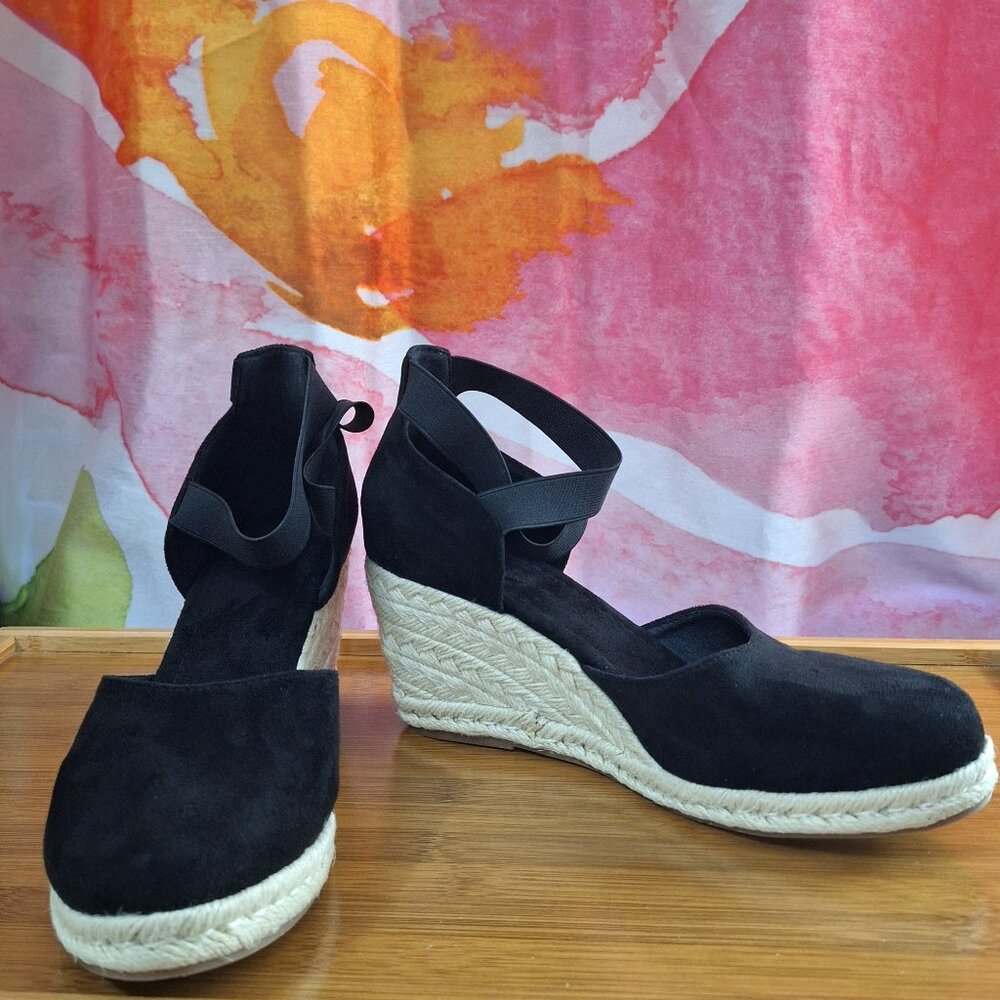 Faux Suede Black Natural Wedge Closed Toe Espadrilles Ankle Straps Size 39 EU - Picture 5 of 15